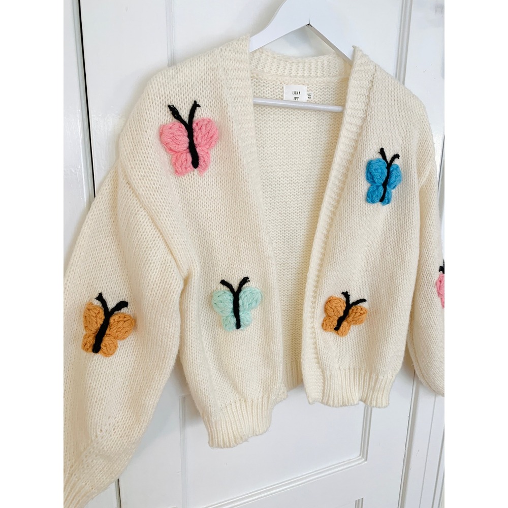 Whimsical Cottagecore Cream Cardigan XS Puffy Yarn Butterfly Sweater Luna Ivy